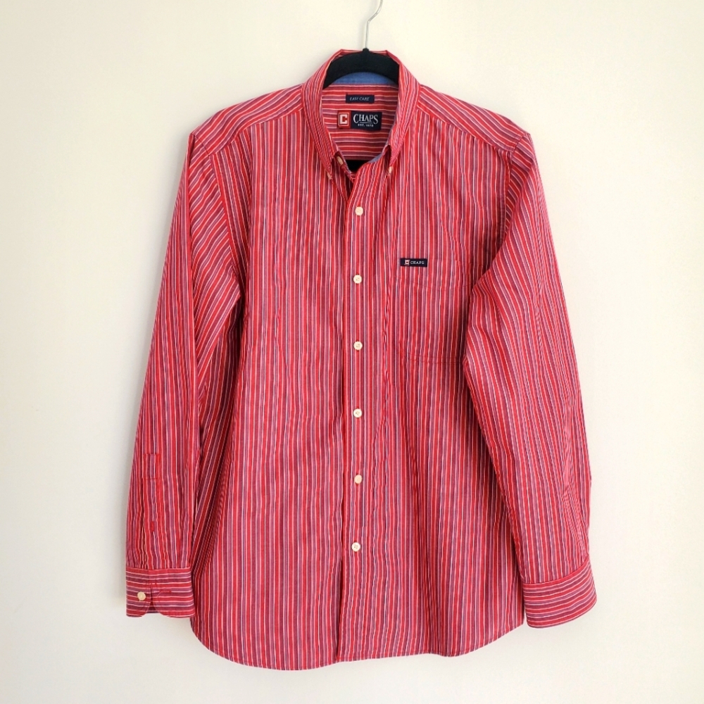 CHAPS Men's Casual Shirt Preppy Button Collar Red White & Blue Stripes 16--16.5"